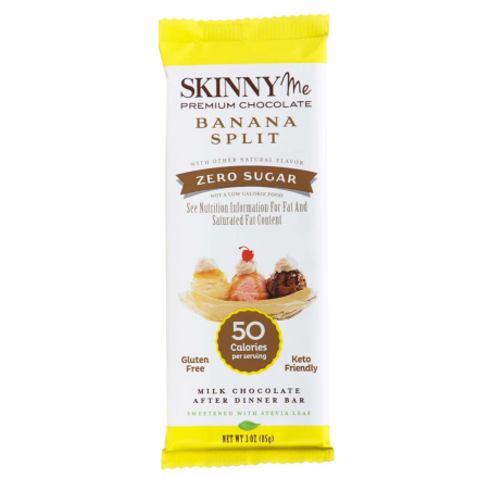 Front of SkinnyMe Zero Sugar Banana Split Milk Chocolate After Dinner Bar, 85g