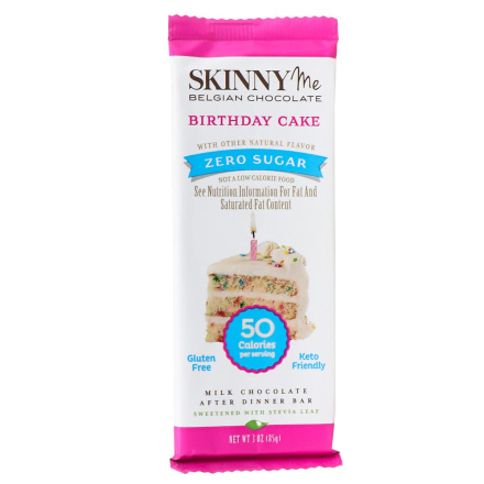 Front of SkinnyMe Zero Sugar Birthday Cake Milk Chocolate After Dinner Bar, 85g