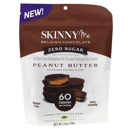 Front of SkinnyMe Zero Sugar Keto Peanut Butter Dark Chocolate Cups, 78g