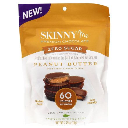 Front of SkinnyMe Zero Sugar Keto Peanut Butter Milk Chocolate Cups, 78g