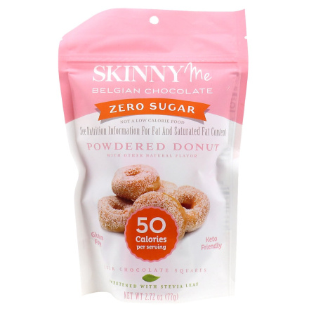 Front of SkinnyMe Zero Sugar Powdered Donut Milk Chocolate Squares, 77g