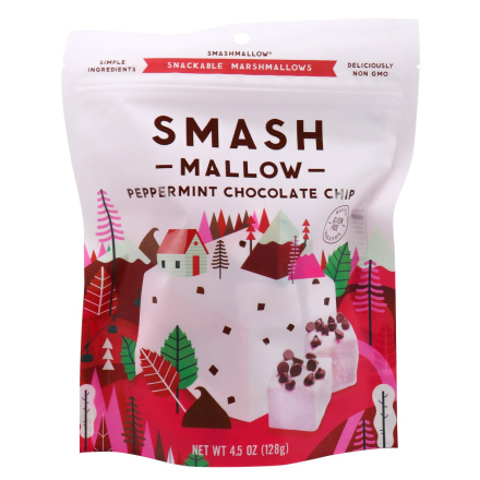Front of Smashmallow Snackable Marshmallows Peppermint Chocolate Chip, 128g