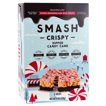 Front of Smashmallow Smash Crispy Dipped Marshmallow Rice Treats Candy Cane, 6 Treats