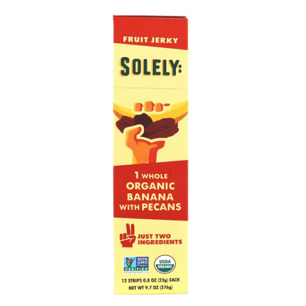 Front of Solely Organic Fruit Jerky Banana Pecan