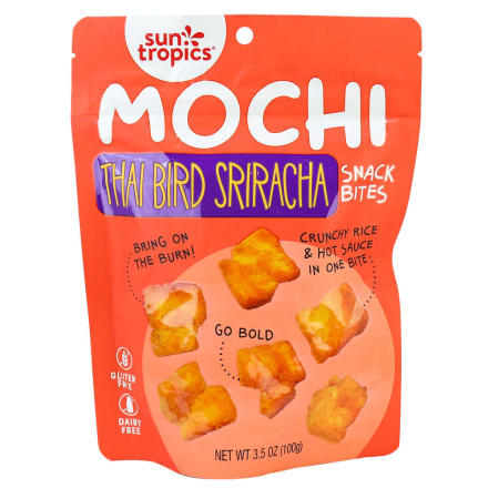 Front of Sun Tropics Gluten-Free Mochi Snack Bites Thai Bird Sriracha, 100g