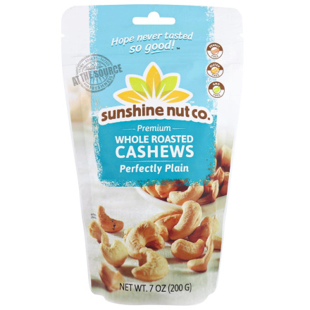 Front of Sunshine Nut Co. Premium Whole Roasted Cashews Perfectly Plain, 200g