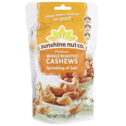 Front of Sunshine Nut Co. Premium Whole Roasted Cashews Sprinkling of Salt, 200g