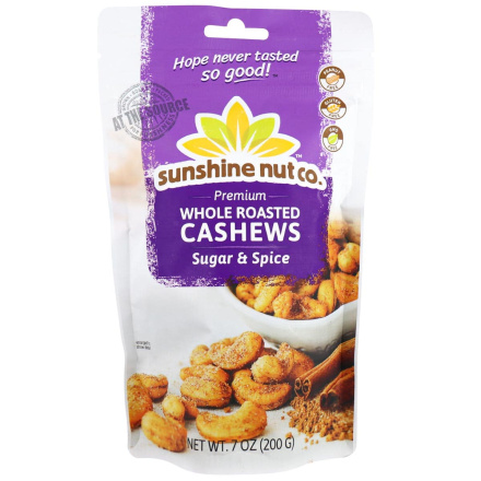 Front of Sunshine Nut Co. Premium Whole Roasted Cashews Sugar & Spice, 200g