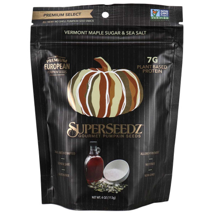 Front of Superseedz Gourmet Pumpkin Seeds Vermont Maple Sugar & Sea Salt, 113g