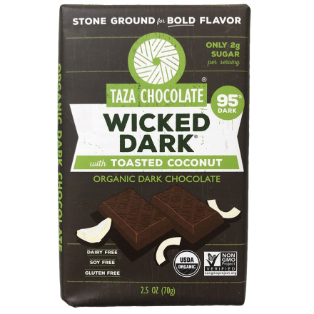 Taza Organic 95% Wicked Dark Chocolate Bar with Toasted Coconut, 70g