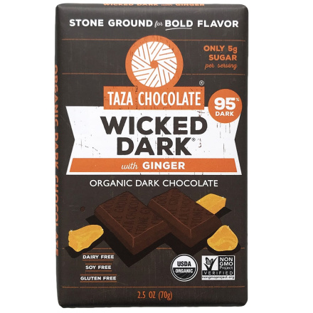 Taza Organic 95% Wicked Dark Chocolate Bar with Ginger, 70g