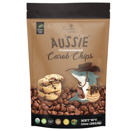 Front of The Australian Carob Co. Aussie Unsweetened Carob Chips, 283.5g