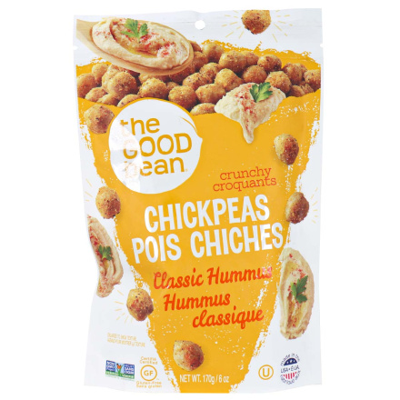 Front of The Good Bean Chickpea Snacks Crunchy Chickpeas Classic Hummus, 170g
