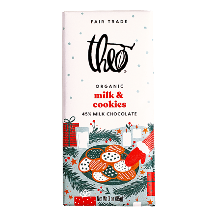Front of Theo Organic Limited Edition 45% Milk Chocolate Milk & Cookies, 85g