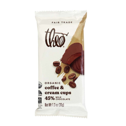 Front of Theo Organic Coffee & Cream Cups 45% Milk Chocolate, 36g