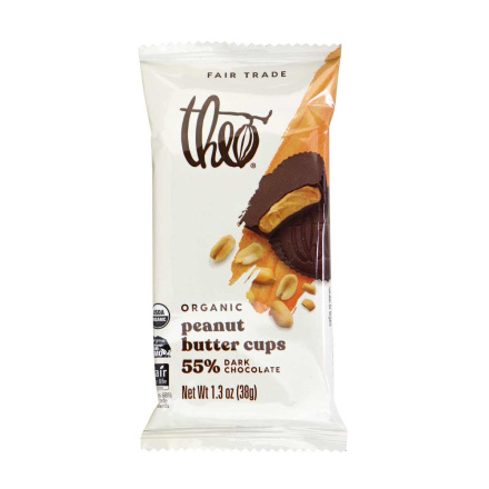 Front of Theo Organic Peanut Butter Cups 55% Dark Chocolate, 38g