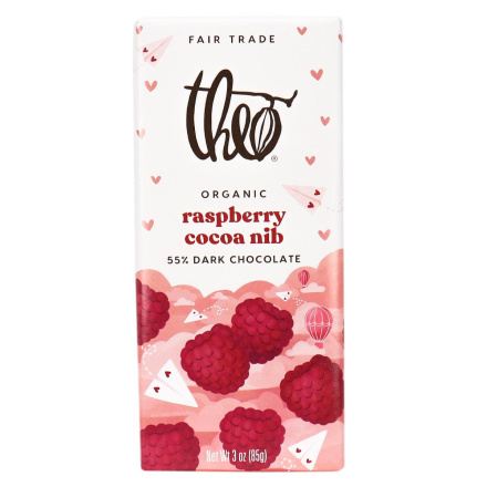 Front of Theo Organic Raspberry Cocoa Nib 55% Dark Chocolate, 85g