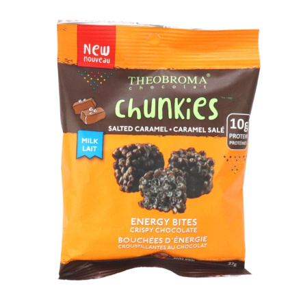 Front of Theobroma Chocolat Chunkies Crispy Milk Chocolate Energy Bites Salted Caramel