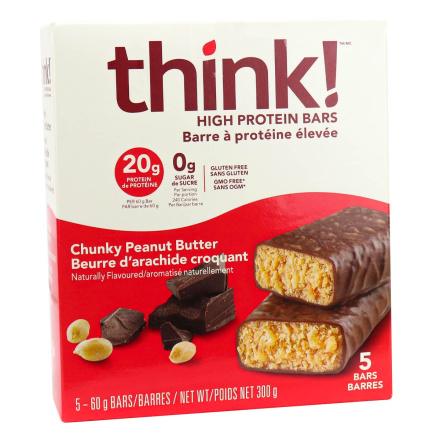 Front of Think! High Protein Bars Chunky Peanut Butter, 5 Bars