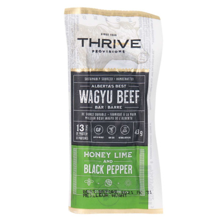 Front of Thrive Provisions Wagyu Beef Bar Honey Lime and Black Pepper, 43g