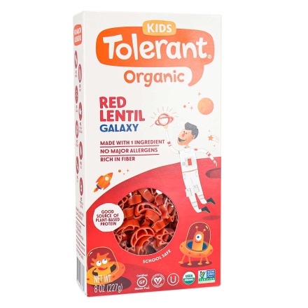 Front of Tolerant Kids Organic Red Lentil Pasta Galaxy, 227g