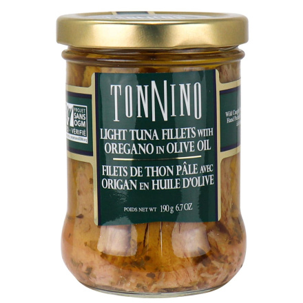 Front of Tonnino Light Tuna Fillets with Oregano in Olive Oil, 190g