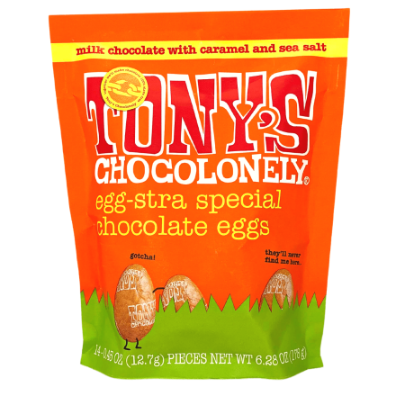 Front of Tony's Chocolonely Egg-Stra Special Chocolate Eggs Milk Chocolate with Caramel and Sea Salt
