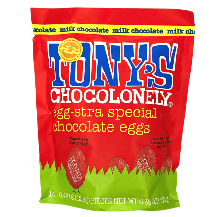 Front of Tony's Chocolonely Egg-Stra Special Chocolate Eggs Milk Chocolate