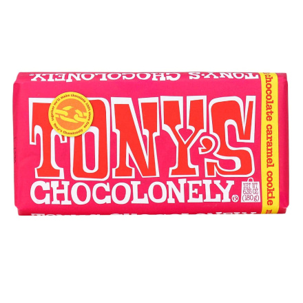 Front of Tony’s Chocolonely Milk Chocolate Caramel Cookie Bar, 180g