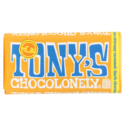 Front of Tony’s Chocolonely Dark Chocolate Cocoa Cookie Citrusy Caramel Bar, 180g