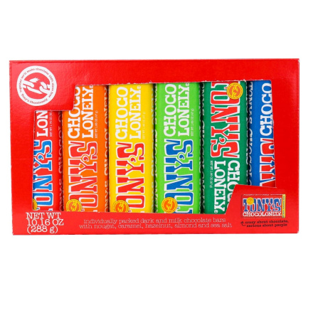 Front of Tony's Chocolonely Rainbow Tasting Pack, 6 Bars, 288g