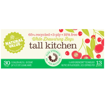 Natural Value 65% Recycled Tall Kitchen White Plastic Bags, 30 Ct