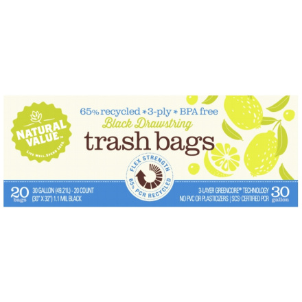 Natural Value 65% Recycled Black Trash Plastic Bags, 20 Ct