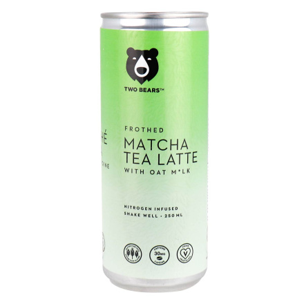 Front of Two Bears Frothed Matcha Tea Latte with Oat Milk, 250mL