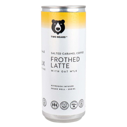Front of Two Bears Frothed Latte with Oat Milk Salted Caramel Coffee, 250mL