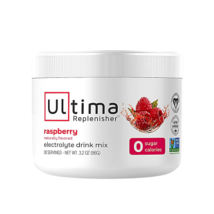 Front of Ultima Replenisher Electrolyte Drink Mix Raspberry, 30 Servings