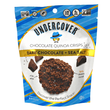 Front of Undercover Chocolate Quinoa Crisps Dark Chocolate & Sea Salt