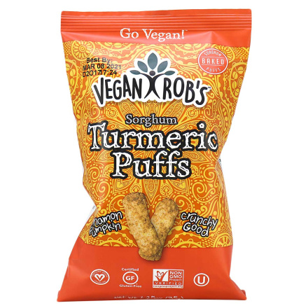 Front of Vegan Rob's Sorghum Turmeric Puffs, 35g
