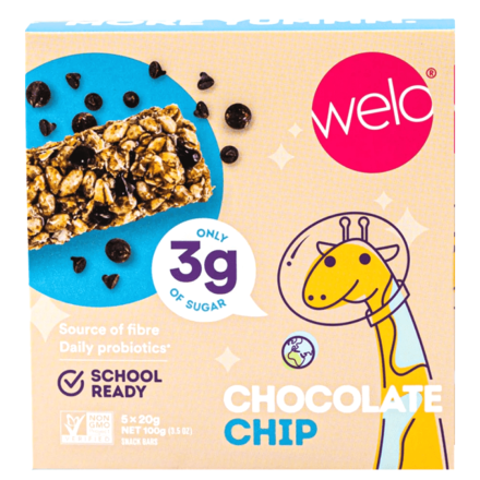 Front of Welo Kids Probiotic Bars Chocolate Chip, 5 Bars