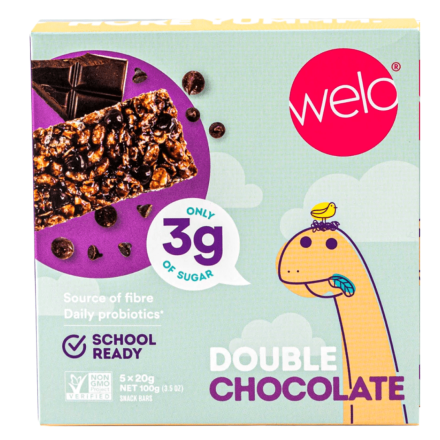 Front of Welo Kids Probiotic Bars Double Chocolate, 5 Bars