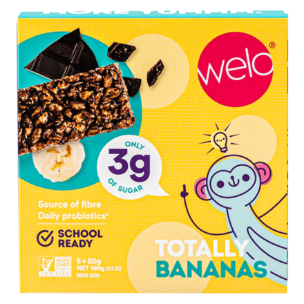 Front of Welo Kids Probiotic Bars Totally Bananas, 5 Bars