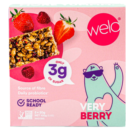 Front of Welo Kids Probiotic Bars Very Berry, 5 Bars