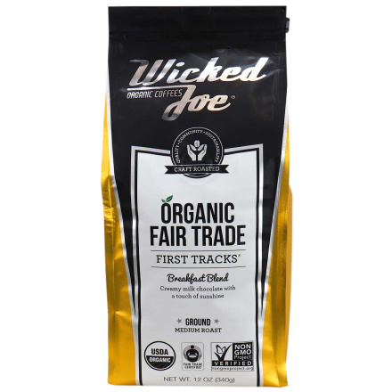 Front of Wicked Joe Organic Coffees First Tracks Ground Medium Roast, 340g