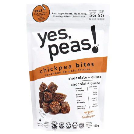 Front of Yes, Peas! Chickpea Bites Chocolate + Quinoa, 150g
