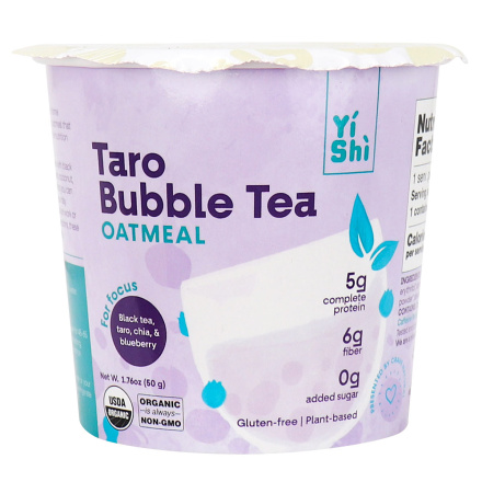 Front of Yi Shi Focus Organic Oatmeal Cup Taro Bubble Tea