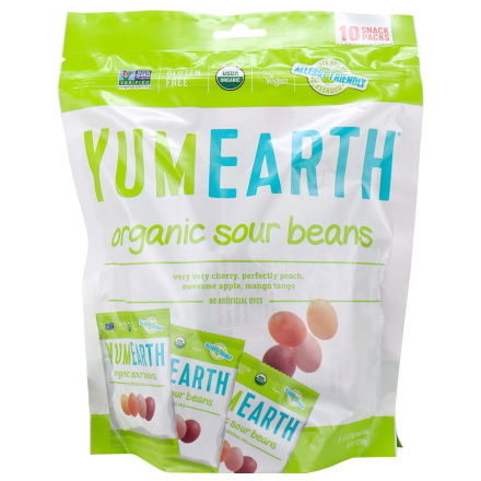 Front of YumEarth Organic Sour Beans, 10 Snack Packs, 198g