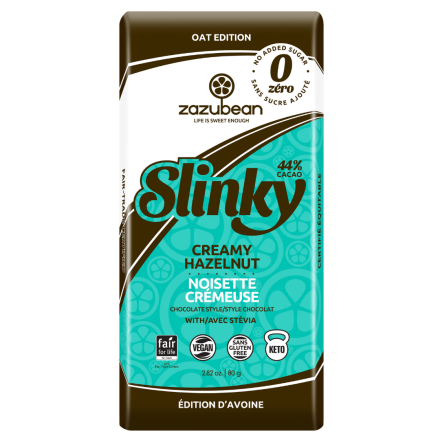 Front of Zazubean Slinky 44% Cacao Creamy Hazelnut Chocolate with Stevia, 80g
