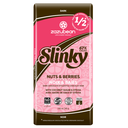 Front of Zazubean Slinky 67% Cacao Nuts & Berries Dark Chocolate with Coconut Sugar & Stevia, 80g