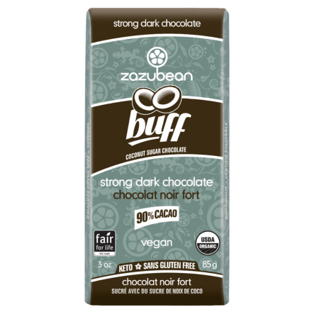 Front of Zazubean Buff 90% Cacao Strong Dark Chocolate Coconut Sugar Chocolate