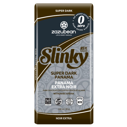 Front of Zazubean Slinky 85% Cacao Super Dark Panama with Stevia, 80g